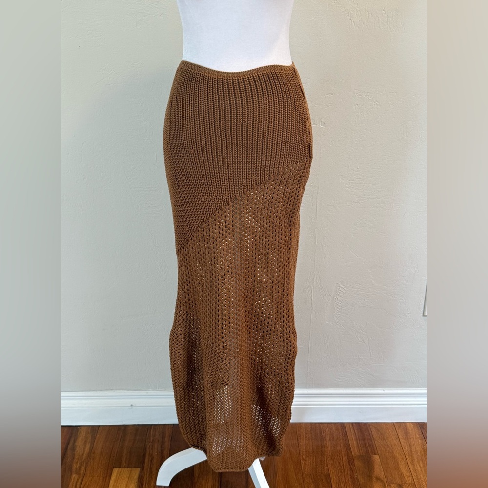 PrettyLittleThing Tan Crochet Maxi Skirt Beach Cover Up US 8‎ Boho Resort NWT - Picture 2 of 7